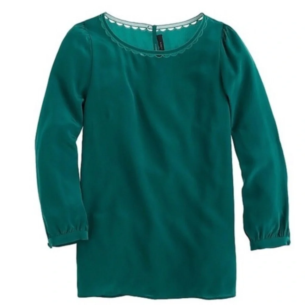 New J. CREW Scalloped Cutout 100% Silk Top in Emerald Green